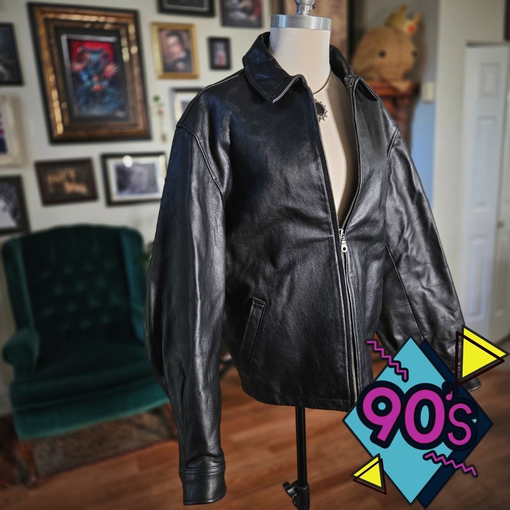 Vintage 90s City‎ Streets Black Leather Jacket Minimal Zip Biker Grunge Coat